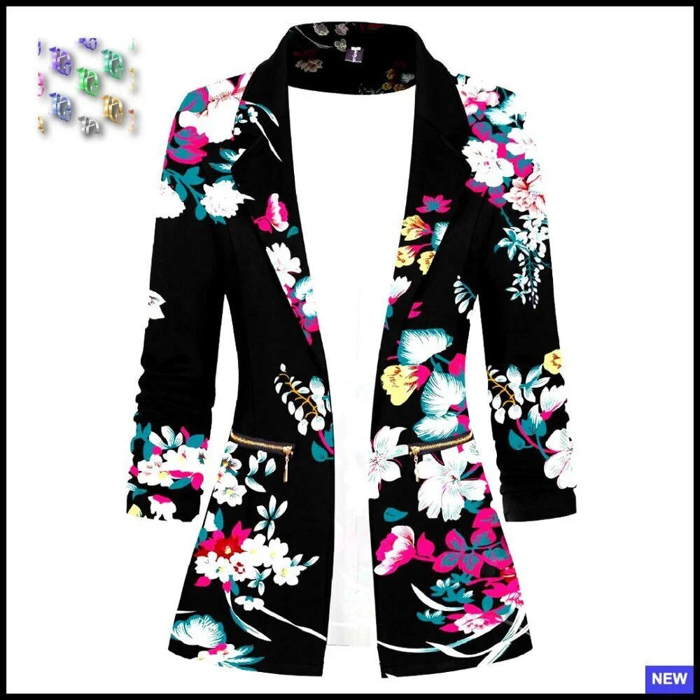Long Sleeve Blazer Cardigan Jacket Work Office Slim Fit Stretchy Zipper Pockets